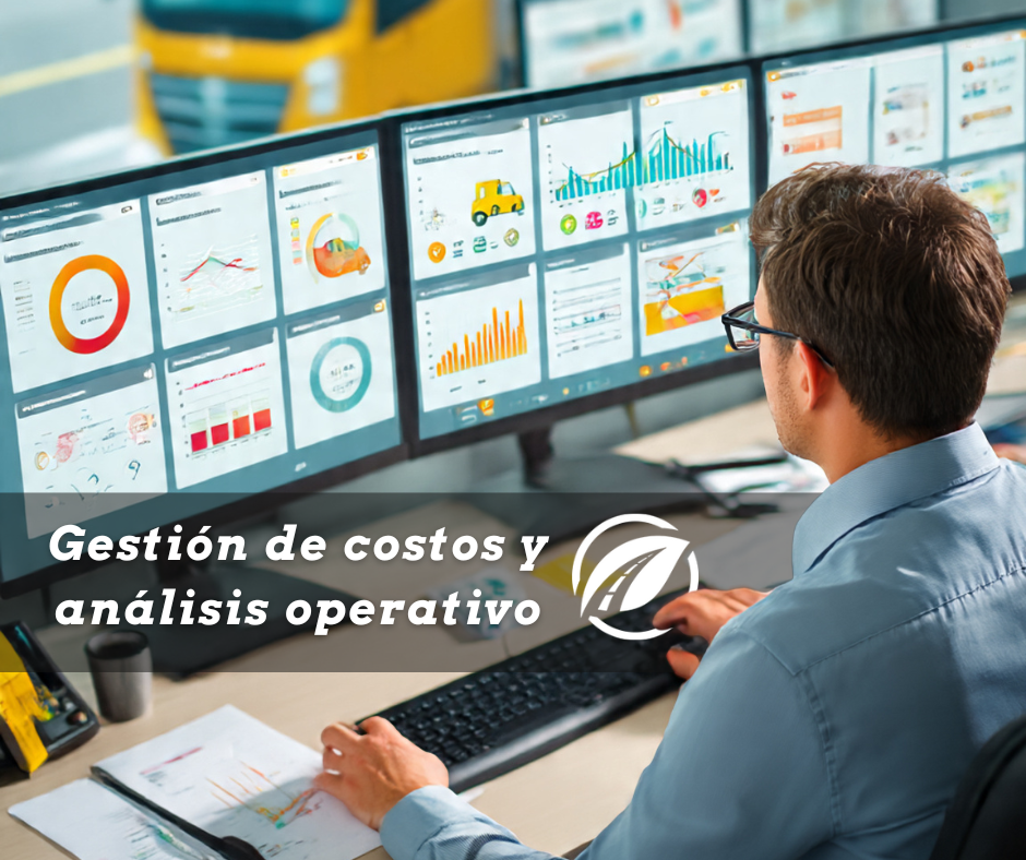 Analista revisando panel de control de costes y consumo de flota desde oficina de transporte
