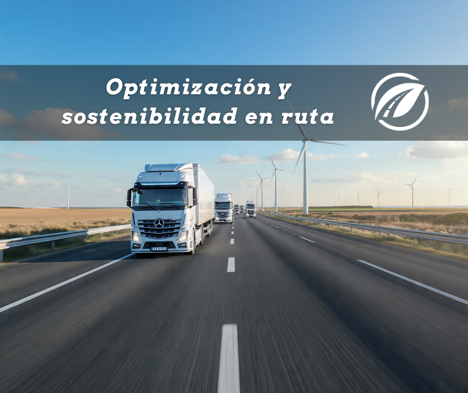 Camiones Euro VI circulando por autopista europea con aerogeneradores al fondo