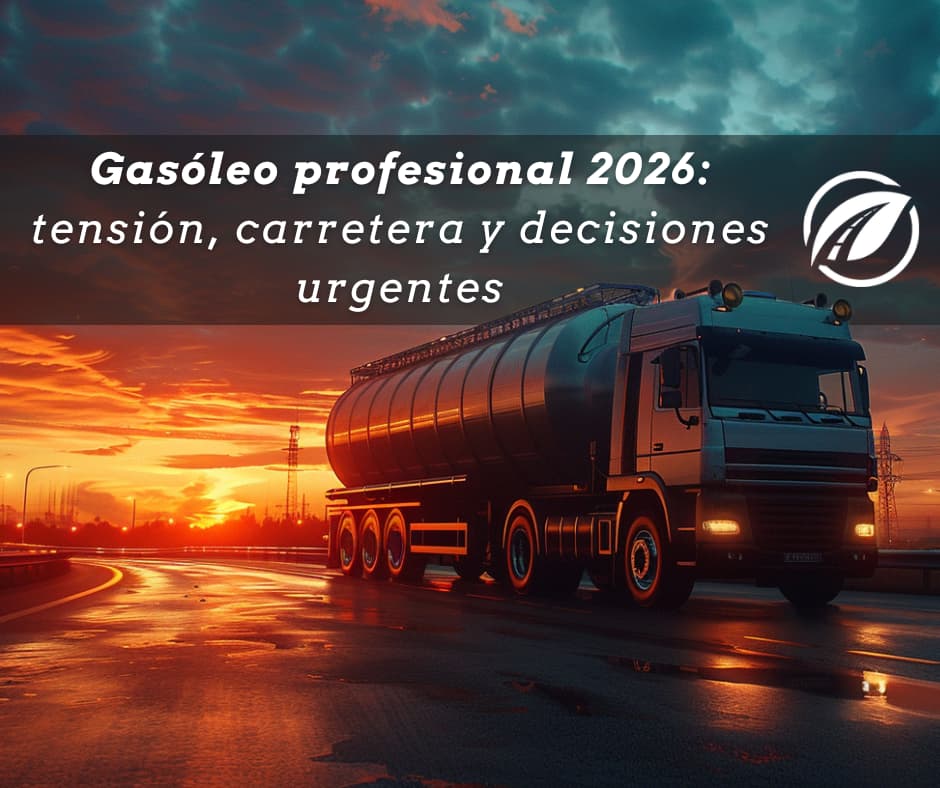 Camión de transporte circulando al amanecer mientras el precio del gasóleo genera incertidumbre en el sector en 2026