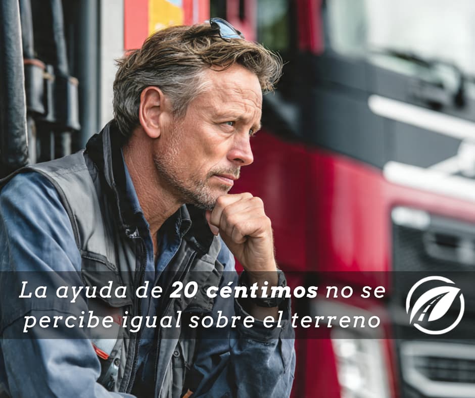 Profesional del transporte repostando su camión mientras compara el ahorro anunciado con el coste real del gasóleo