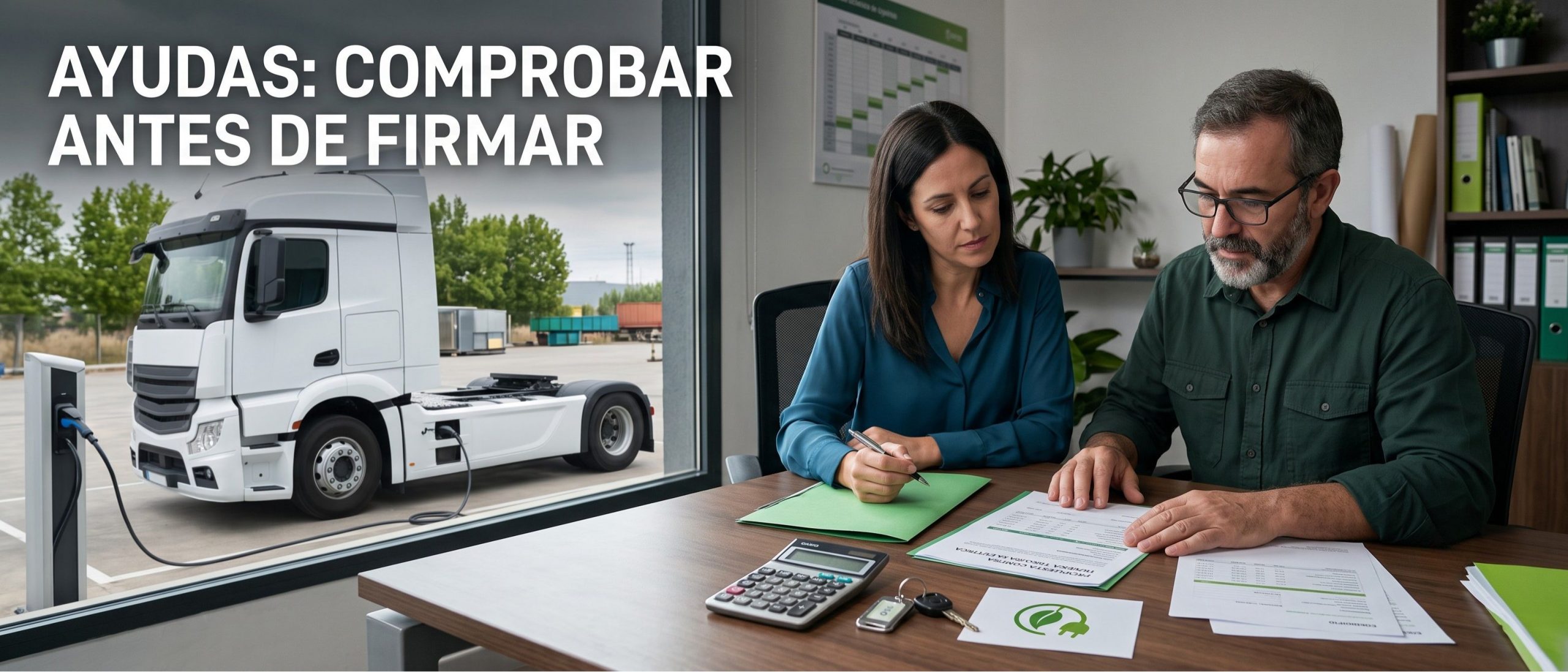 Transportista autónomo comprobando ayudas y financiación para una tractora eléctrica