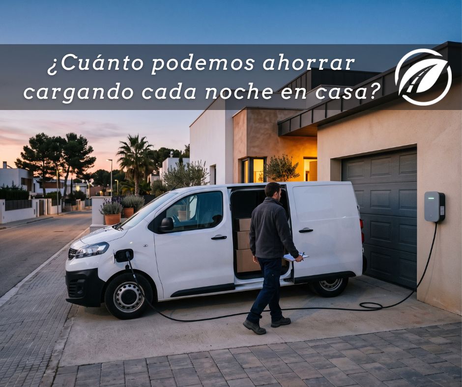 Furgoneta eléctrica de reparto cargando por la noche en el garaje de un autónomo